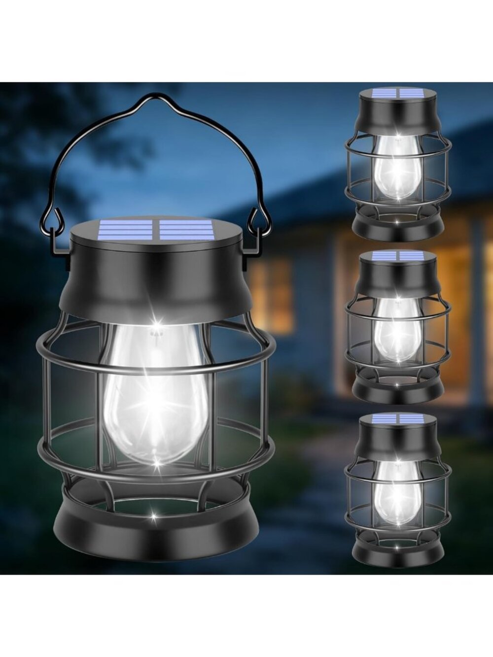 Outdoor Solar Lanterns - 4 Pack Metal Hanging Lights, Cool White for Garden